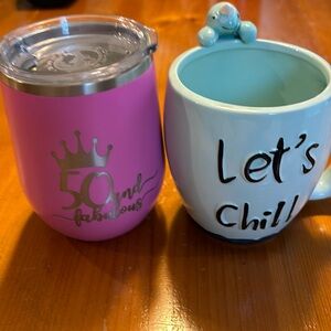 Just Chill coffee mug and pink tumbler
